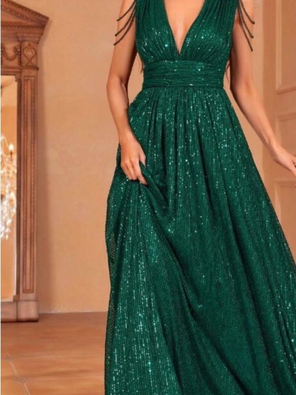Faeriesty Sleeveless Darker Green Sequin V-Neck Maxi Dress by Sherri Hill